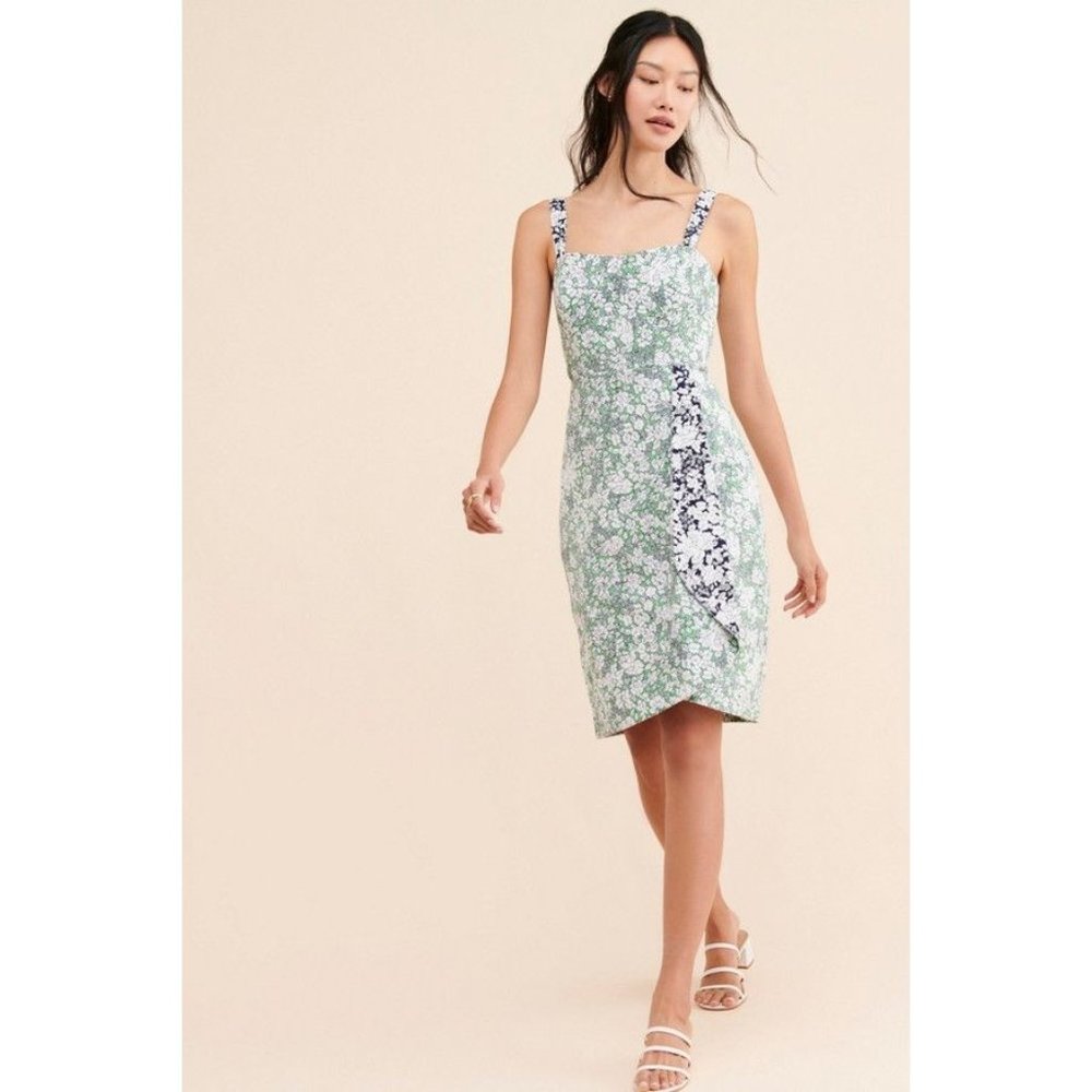 Anthropologie Green and White Floral Mini Dress